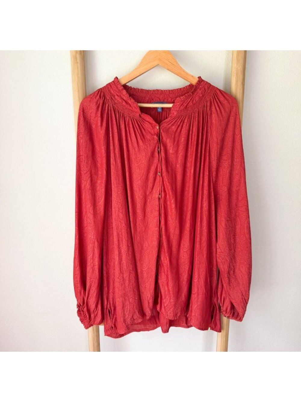 Democracy 3X Red Paisley Peasant Blouse Boho Long Sleeve Plus Size Top